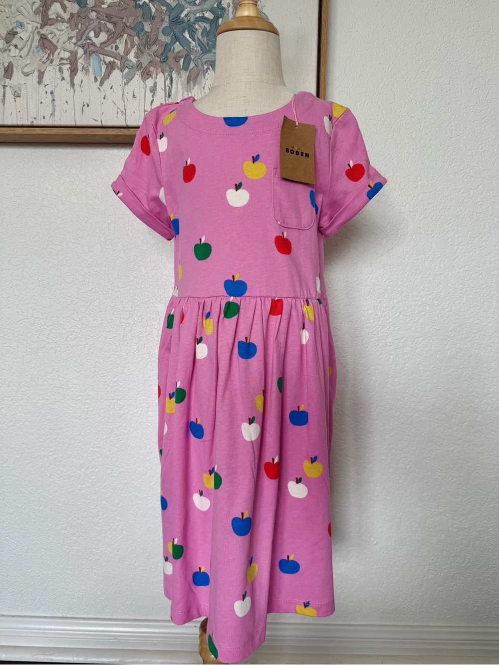 NWT Mini Boden Pink Dress with Multicolor Apple Print